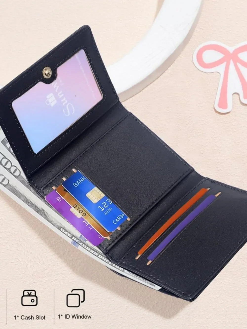 New Bow Small Wallet Pink Aesthetic w Card Slots ID Window Cute Fashion Classy‎